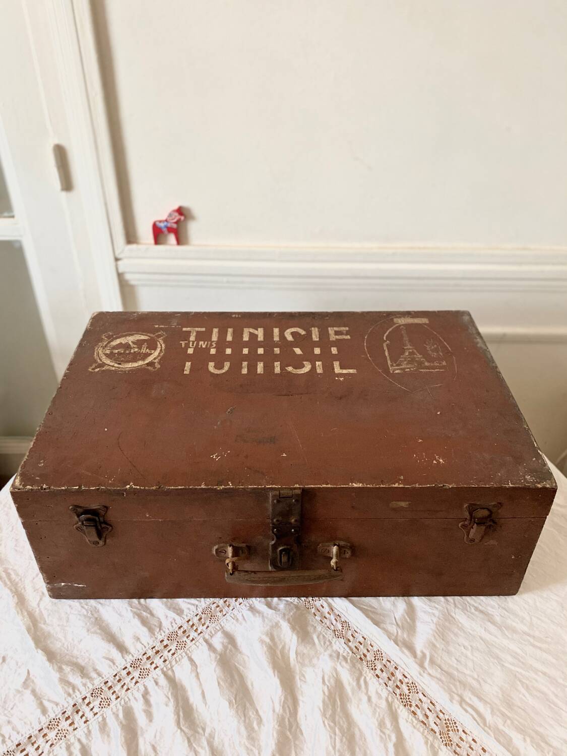 Large wooden trunk suitcase with Tunisia inscription