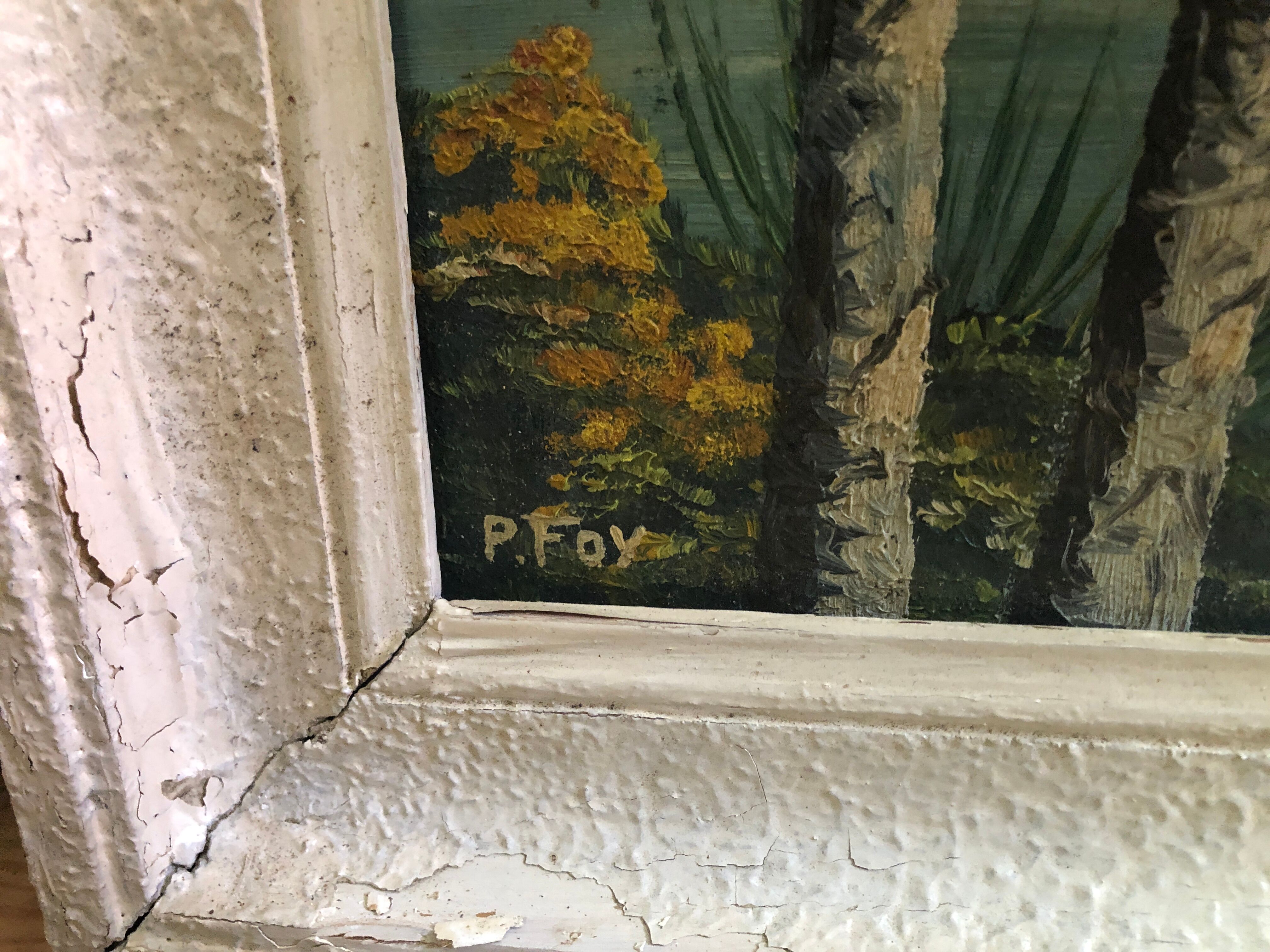 Old painting oil on panel p. foy hunting to court + frame wood white vintage