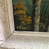Ancien tableau huile sur panneau p. foy chasse à cour + cadre bois blanc vintage
