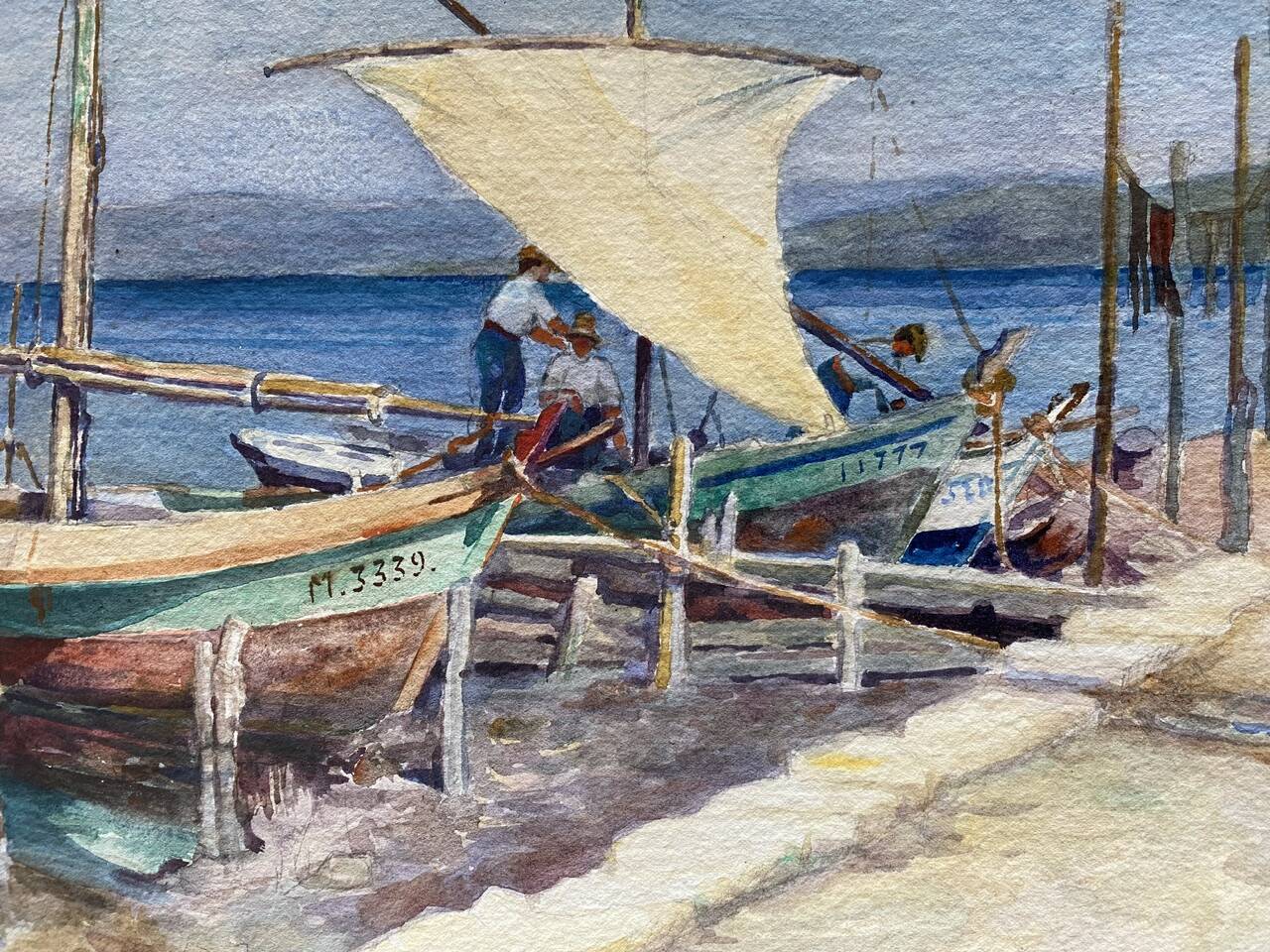 Old painting "Marine with boats" signed Marie Piat, 1930s-40s