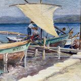 Old painting "Marine with boats" signed Marie Piat, 1930s-40s