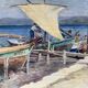 Old painting "Marine with boats" signed Marie Piat, 1930s-40s