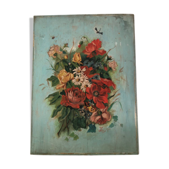 Oil painting on panel bouquet early 20th century.