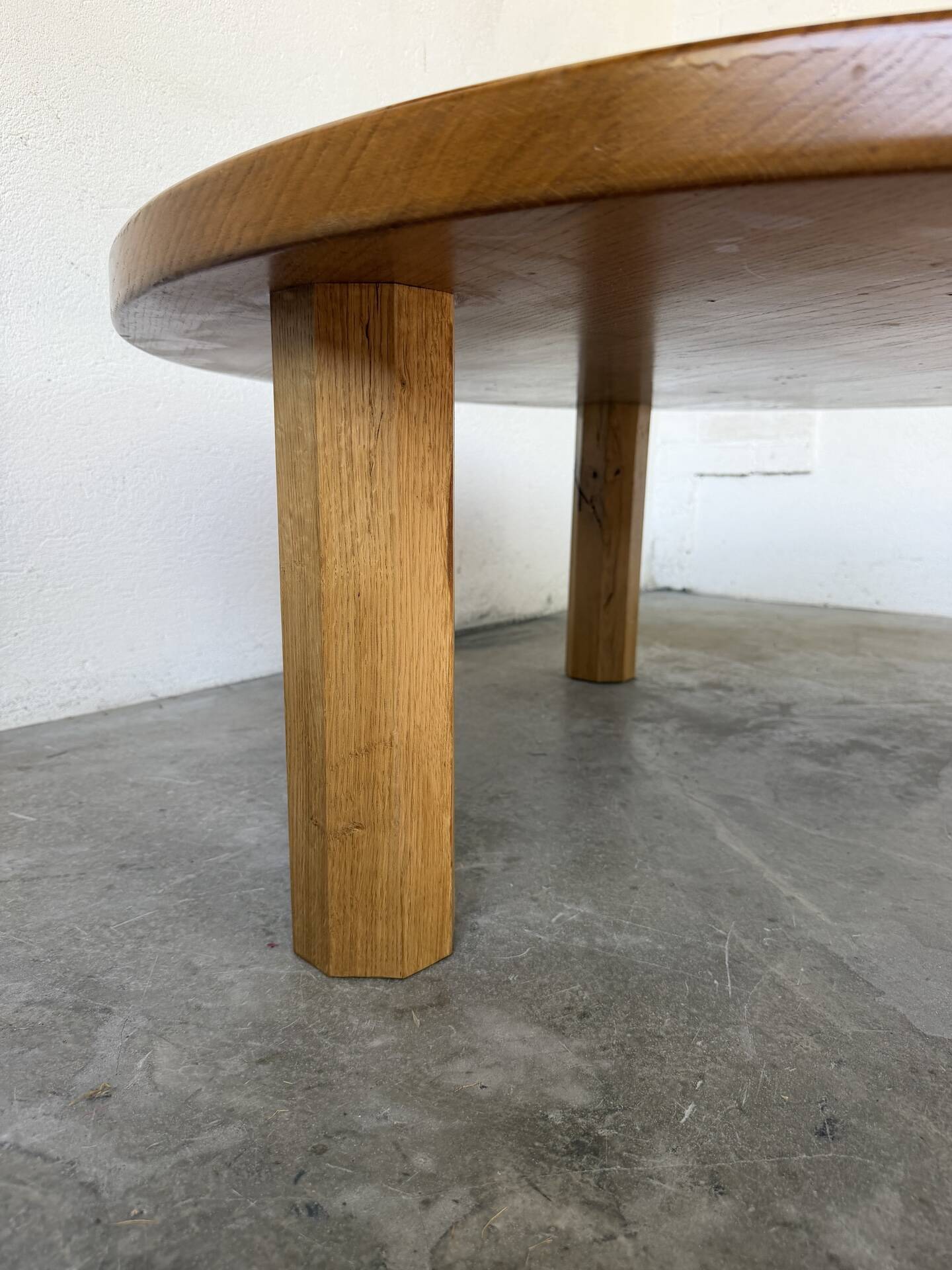 1950s round tripod oak coffee table