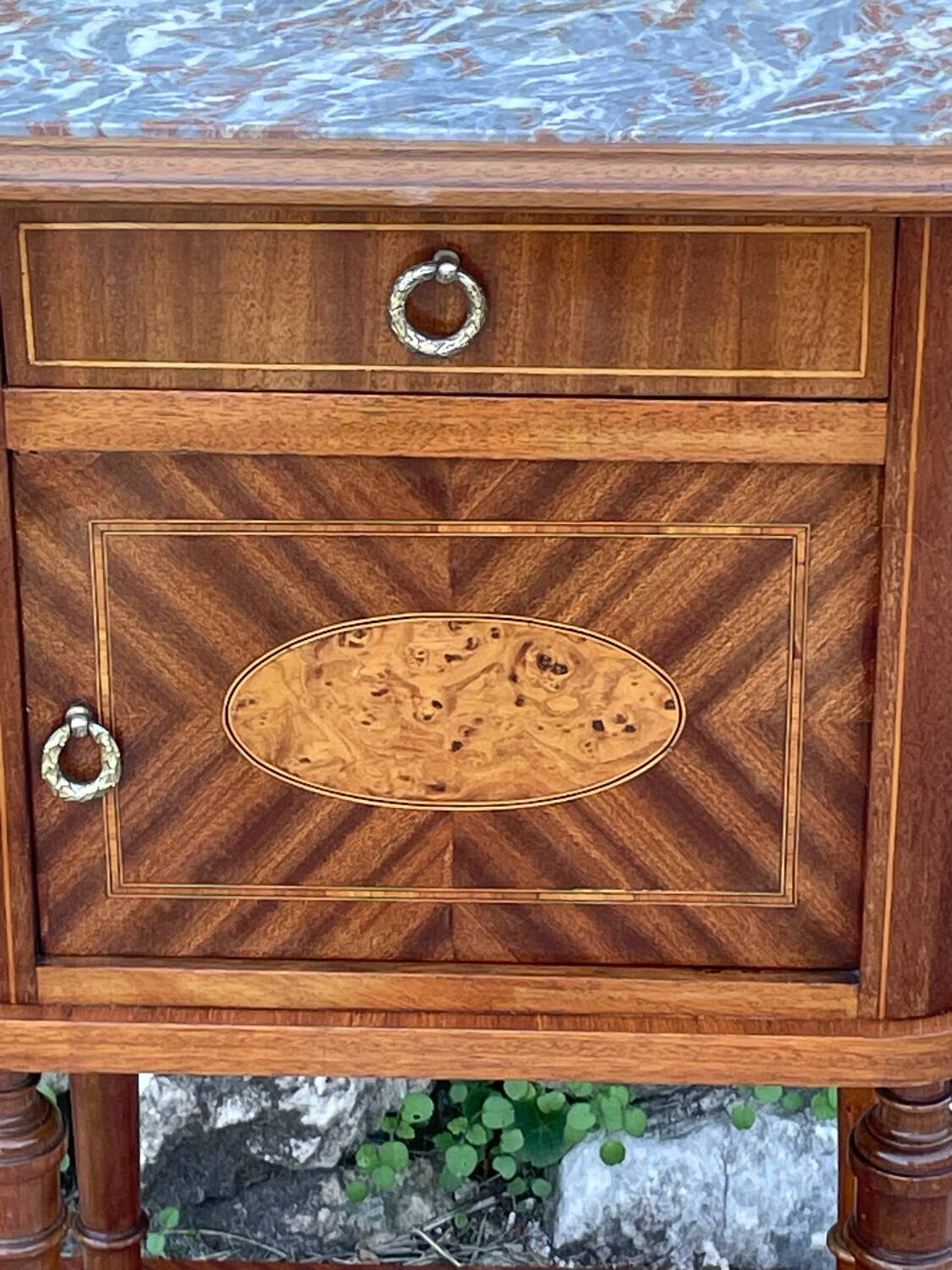 Bedside table in wood marquetry from the 19th century