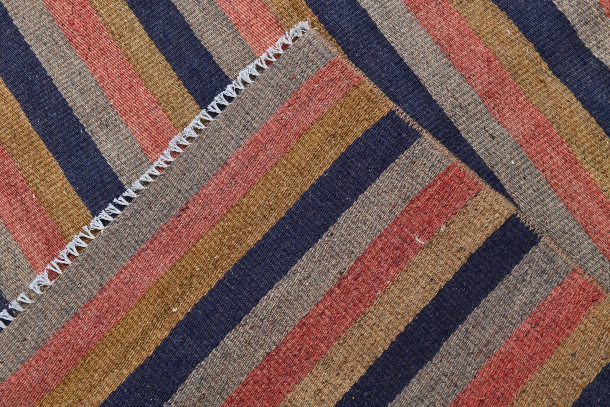 Navy Blue & Terracotta Hand Woven Turkish Striped Kilim Rug, 147x217 Cm