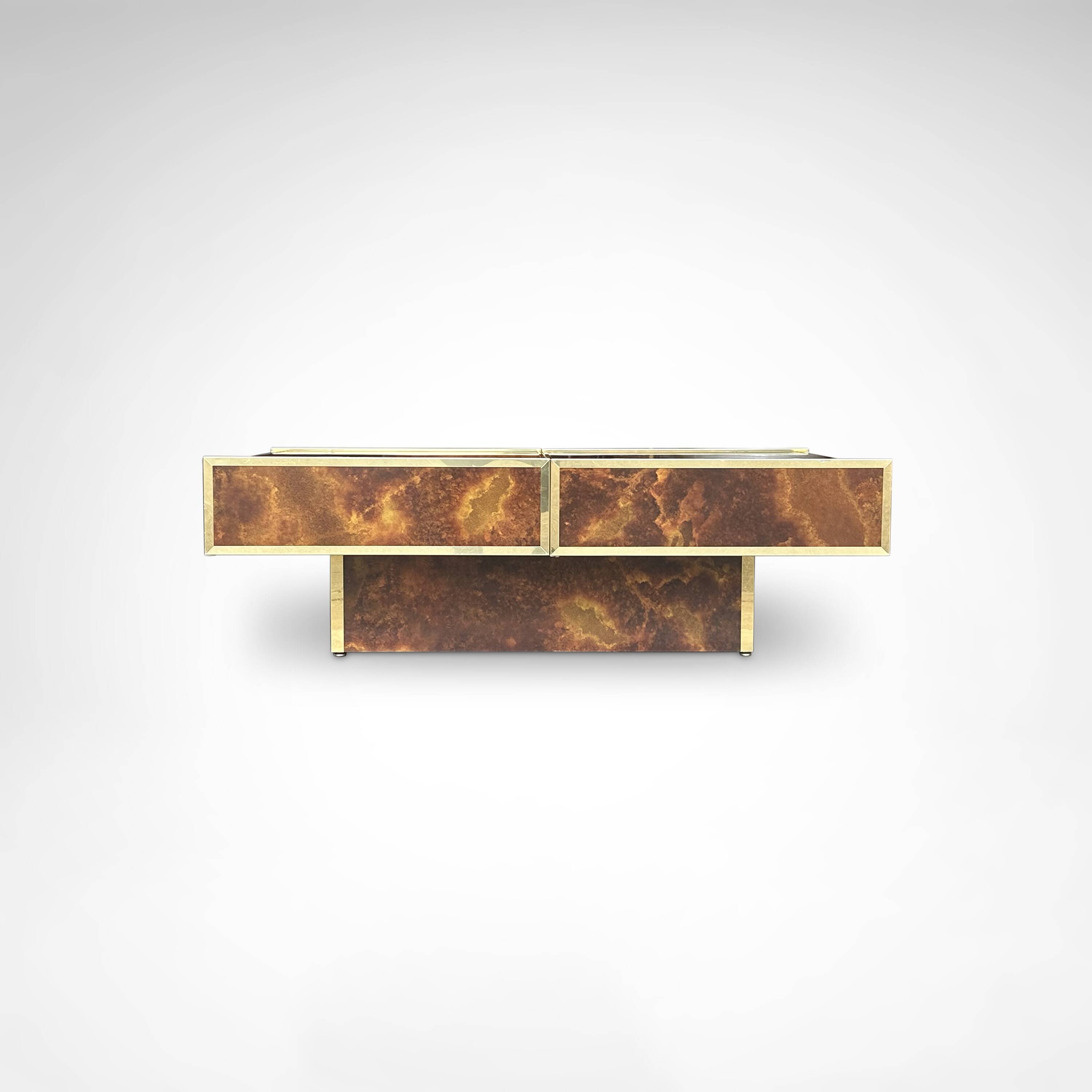 Burl wood and brass metal coffee table with integrated bar by Maison Lancel