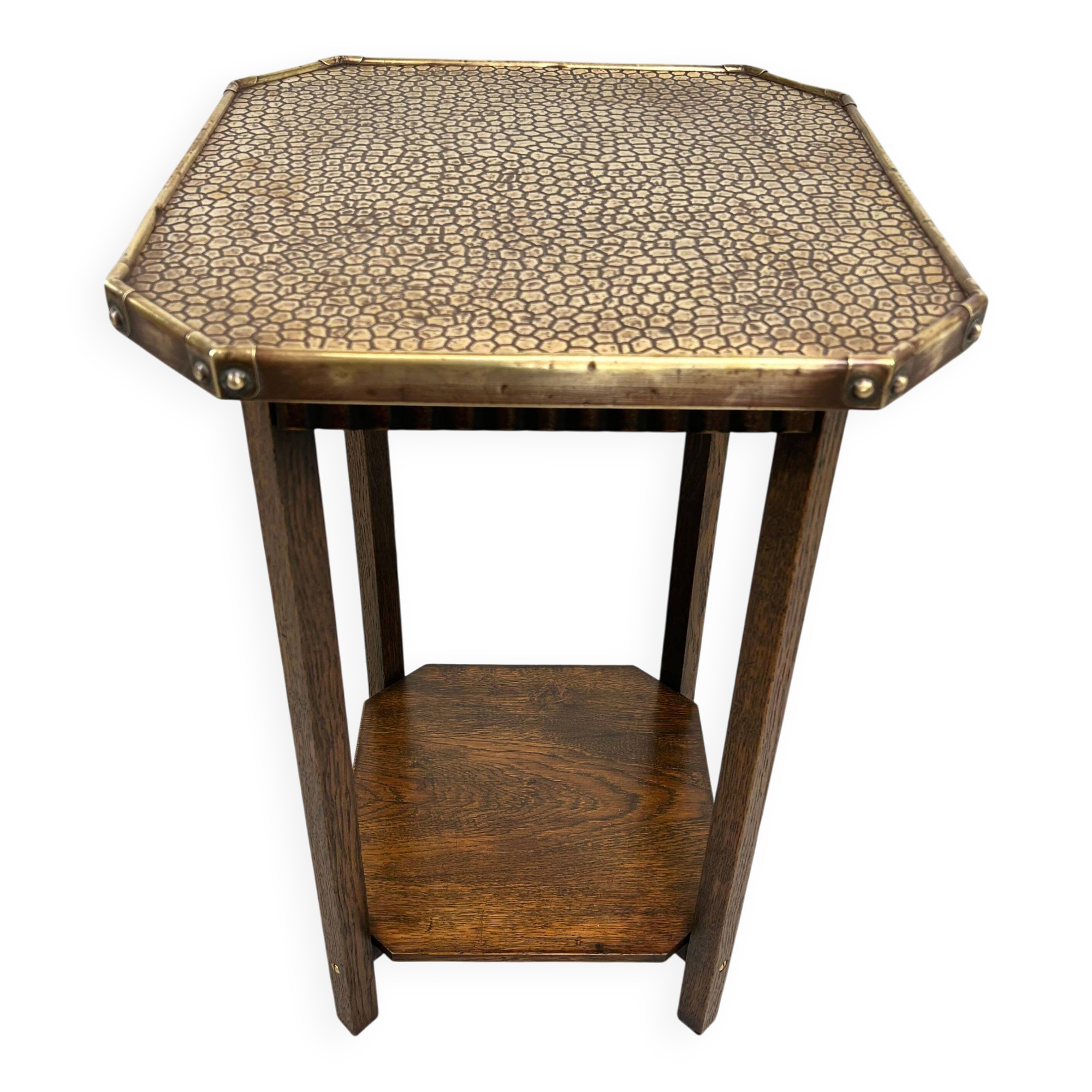 Table d'appoint Jugendstil avec plateau en laiton martelé