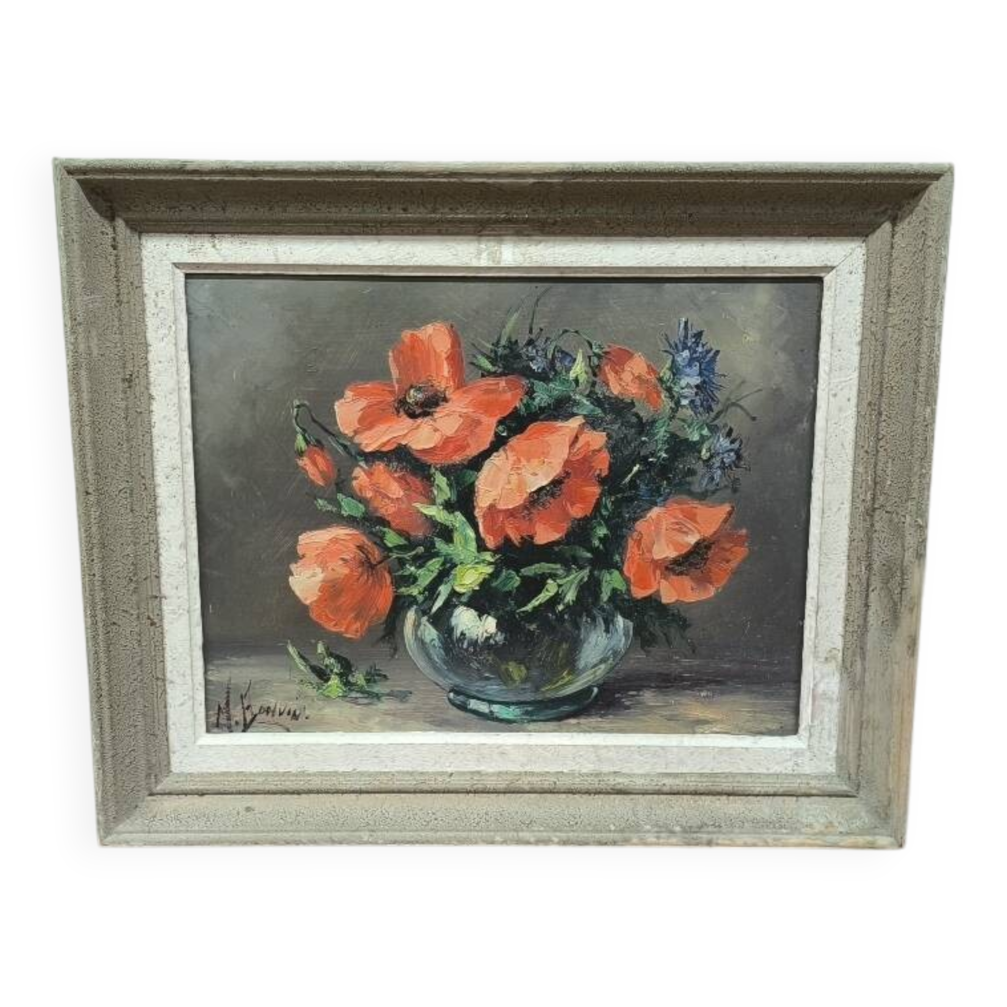 Painting Still Life with Poppies by M. Bonvin Oil on panel