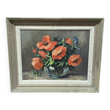 Painting Still Life with Poppies by M. Bonvin Oil on panel