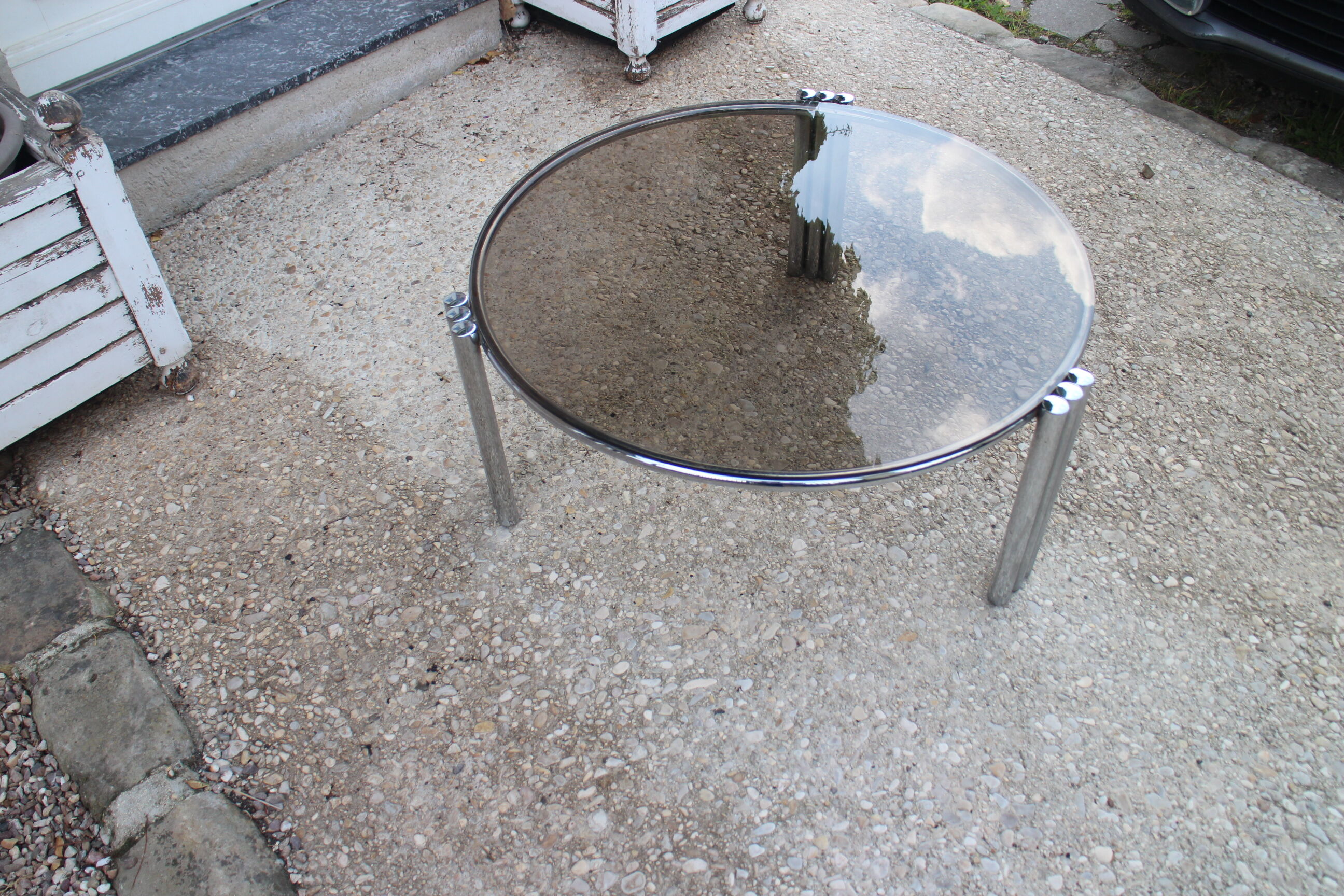 Round coffee table chrome and smoked glass 1970