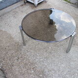 Round coffee table chrome and smoked glass 1970