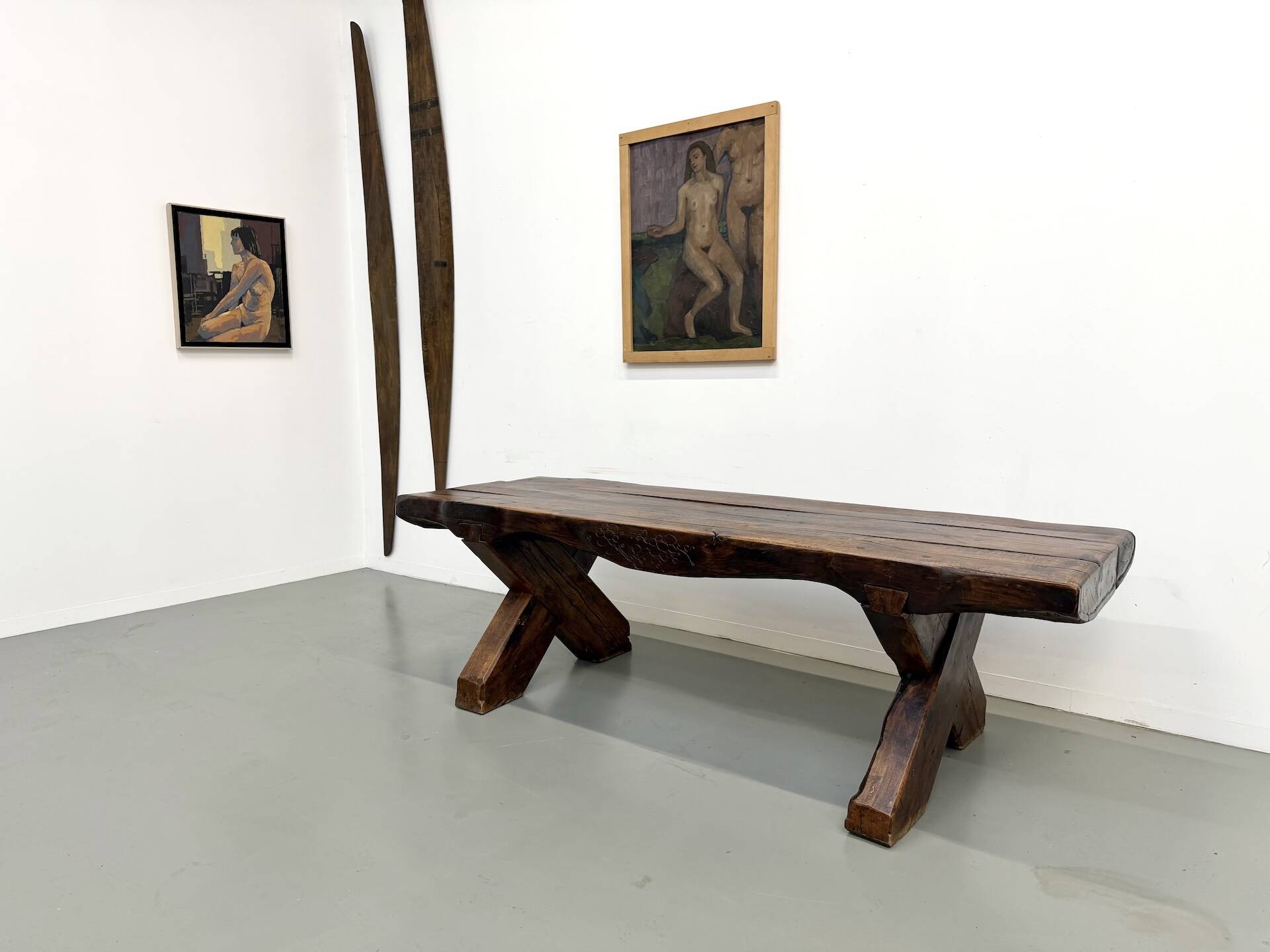 Table Brutaliste en Chêne Massif, Art Populaire (Vers 1900)
