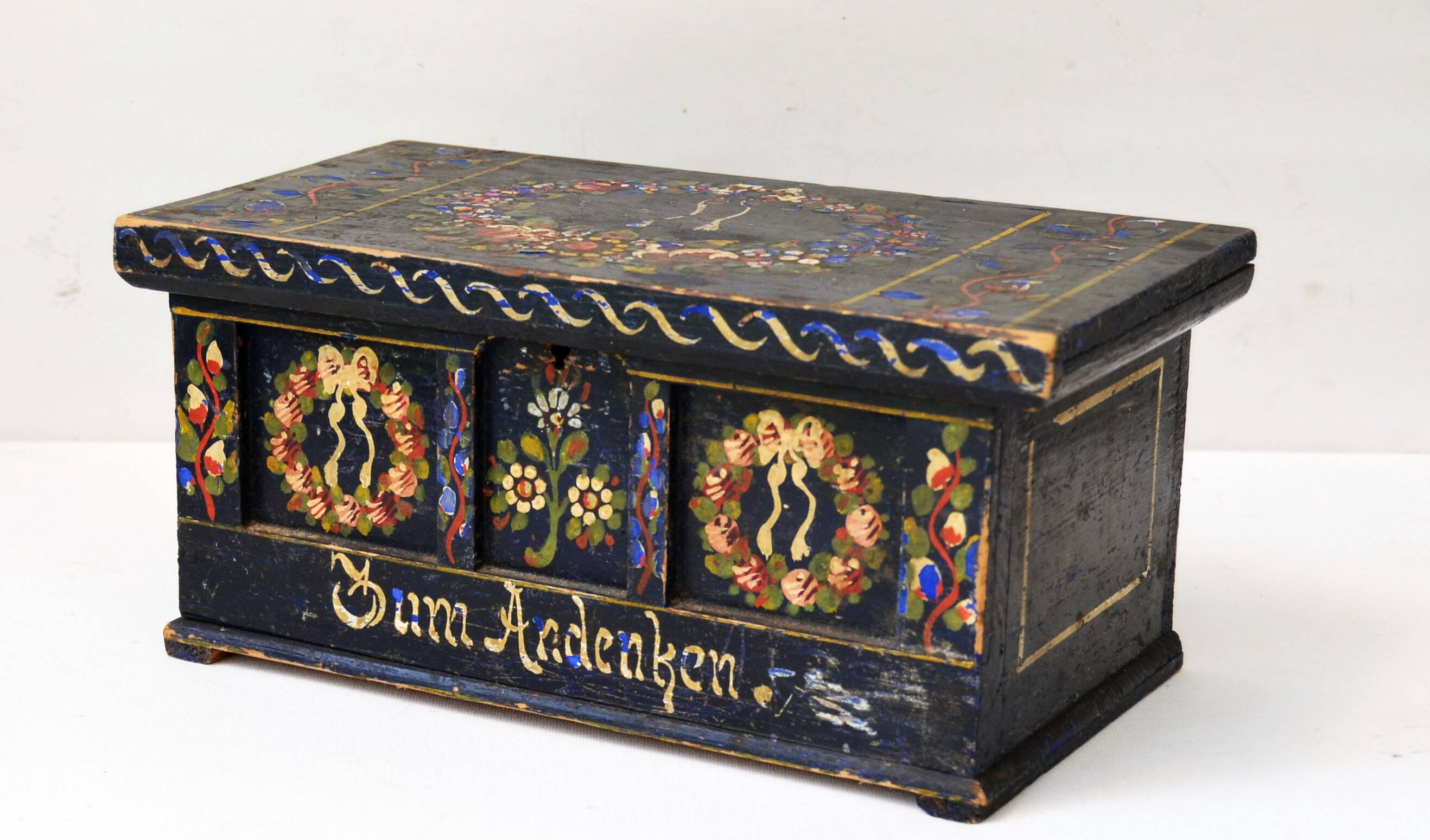 Coffret en bois peint à la main, art populaire antique, mariée, fin du 19e siècle