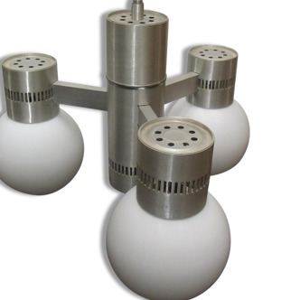 Lustre suspension trois lumieres 1970 alu brossé opaline blanche