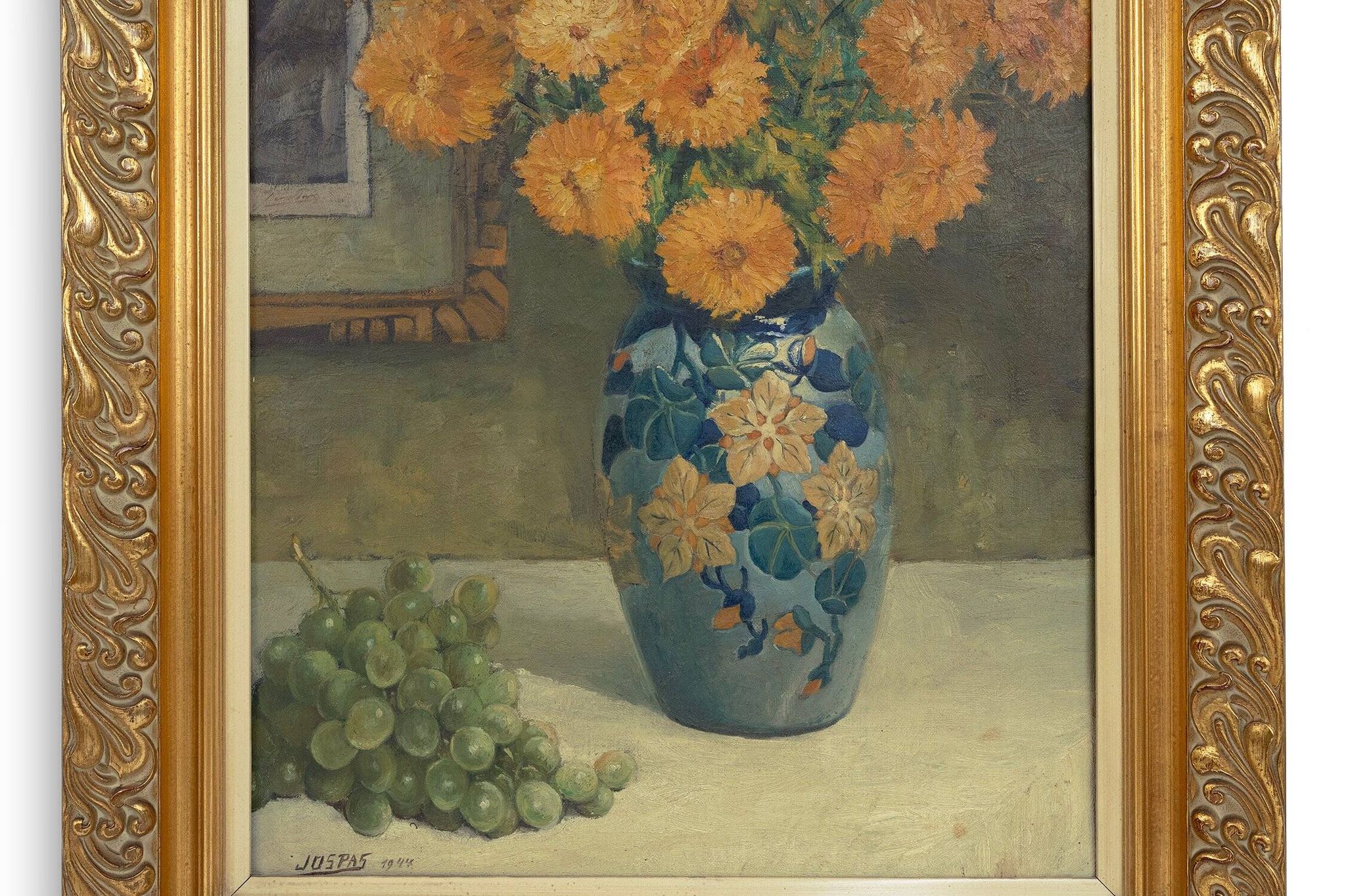 Belgian Still Life Painting by Jos Pas, 1944 — Flowers and Grapes in a Vase