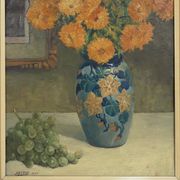 Belgian Still Life Painting by Jos Pas, 1944 — Flowers and Grapes in a Vase