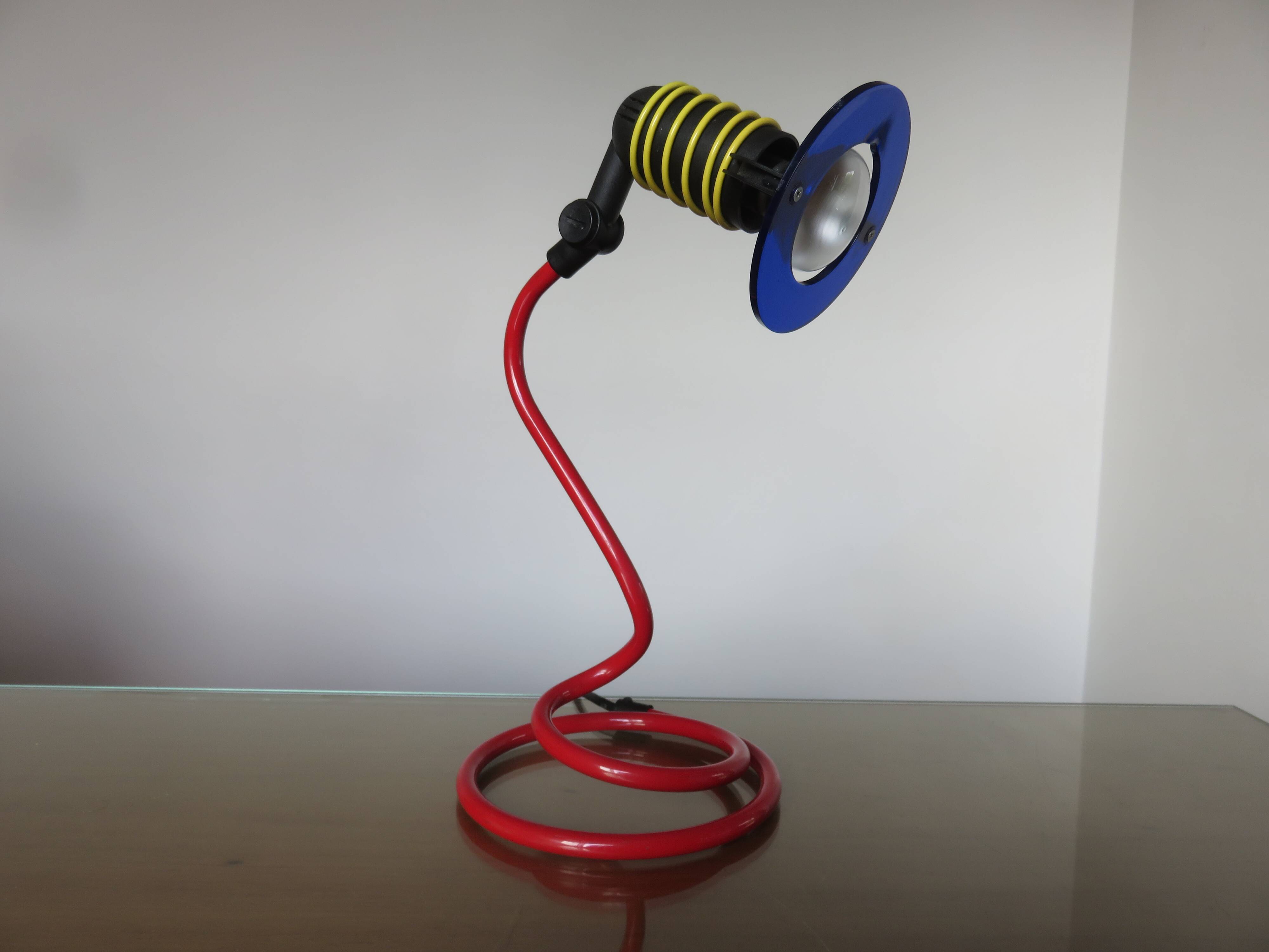 Spiral lamp in primary colours from the 80s Memphis era.