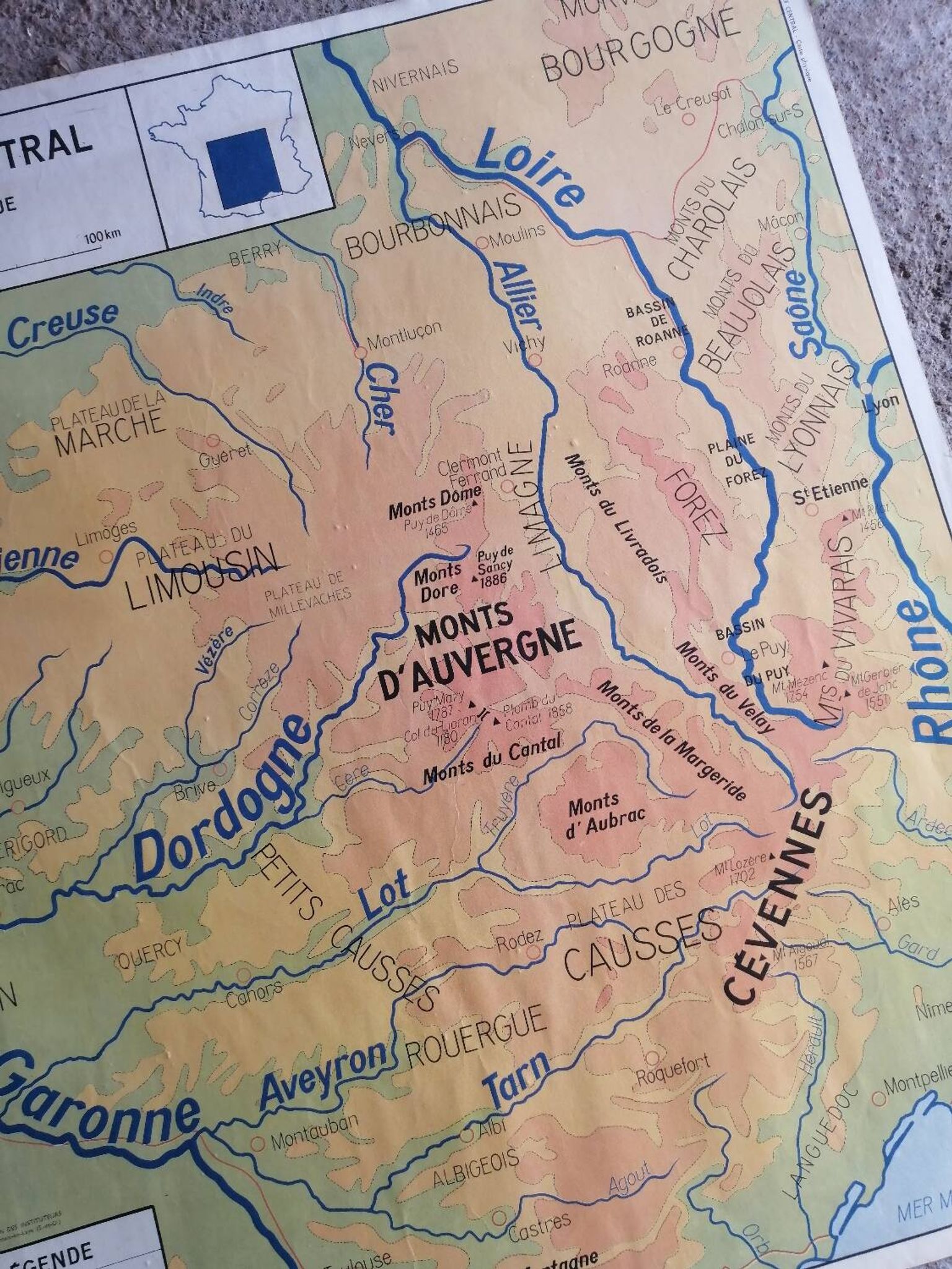 Vintage school map of France, Mediterranean, Corsica, Massif Central
