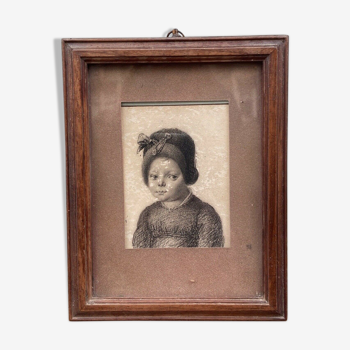 Portrait jeune fille sur papier 1900 fusain