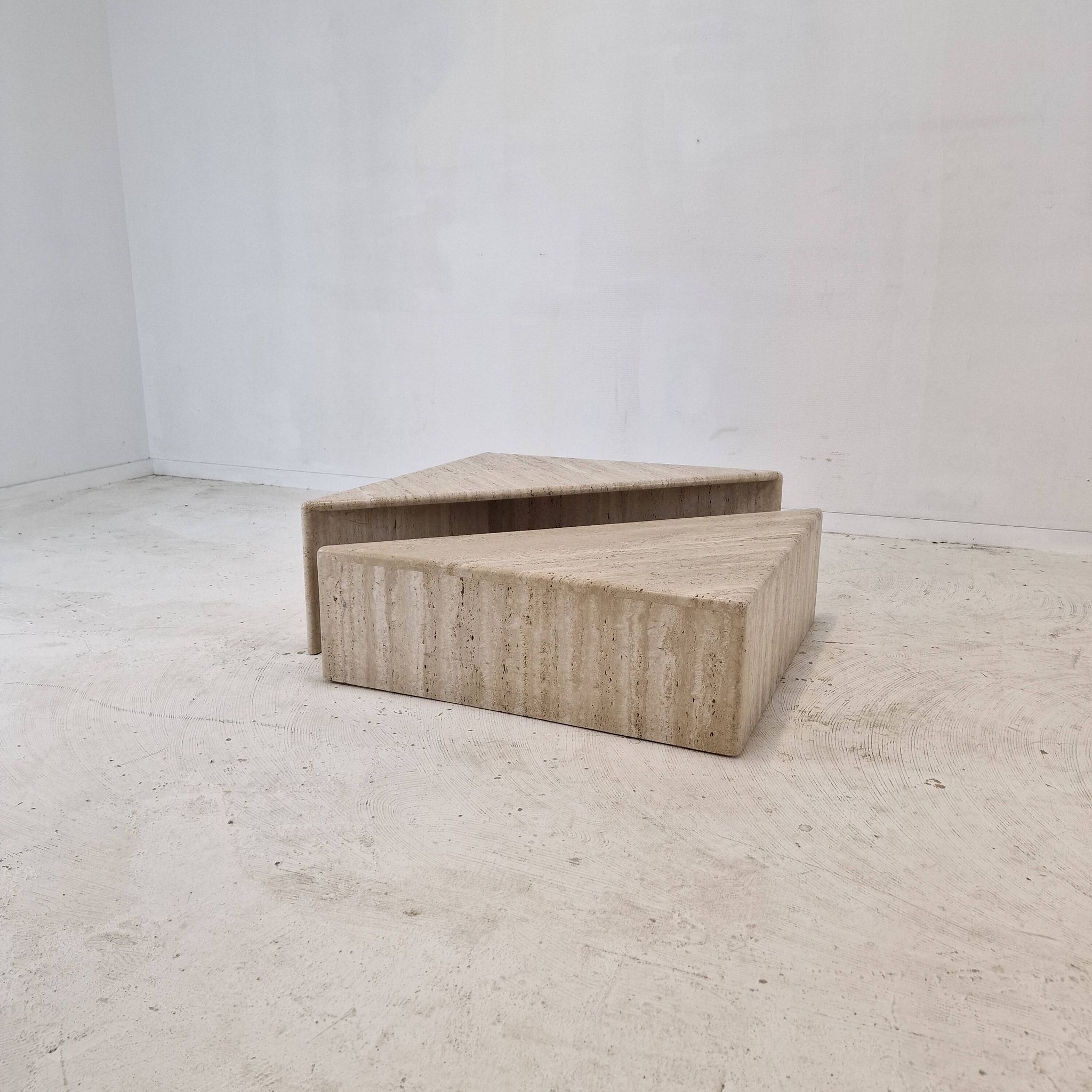 Set of Two Triangle Coffee Tables In Travertine By Up & Up, Italy 1980's
