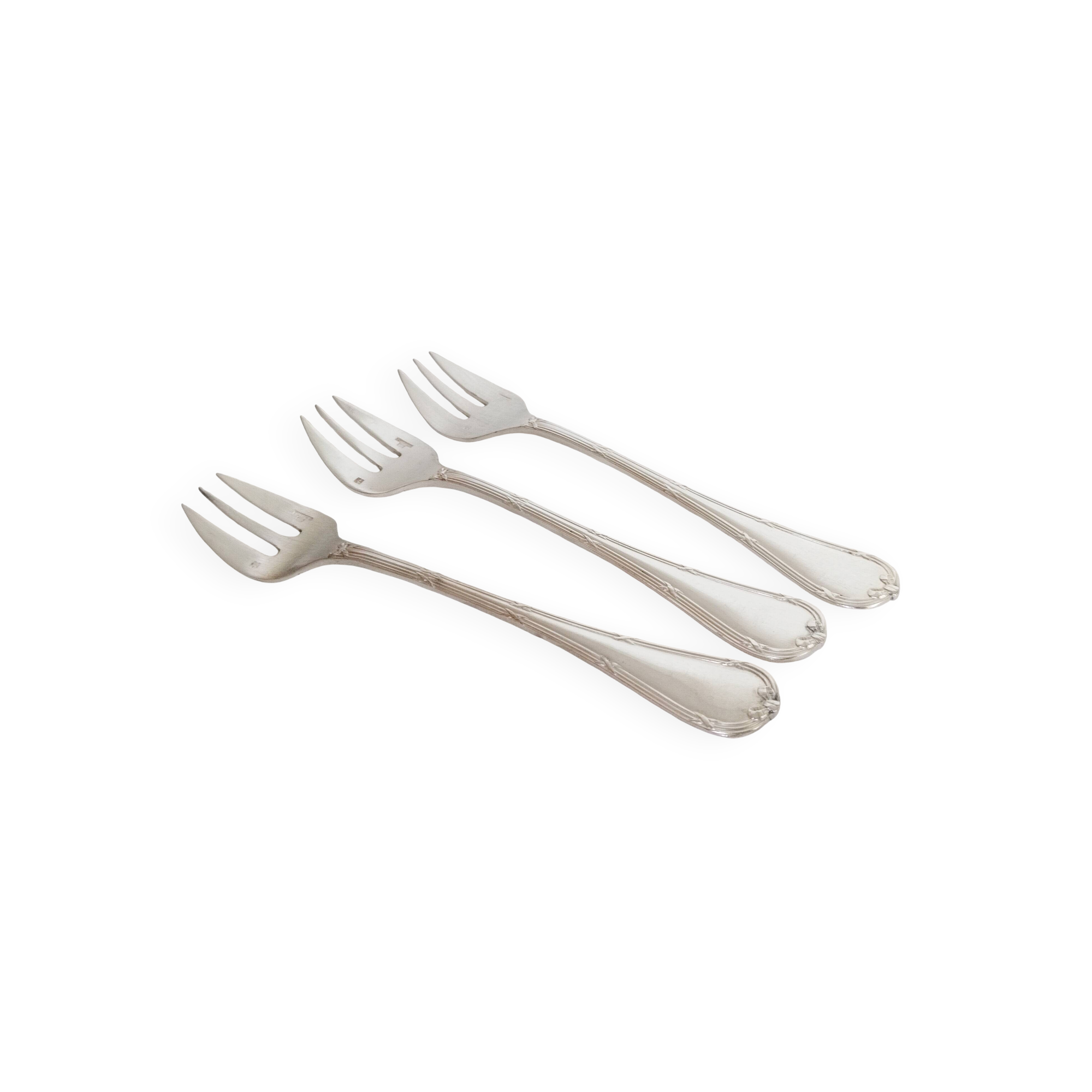 Christofle oyster or dessert forks, ribbon pattern, silver