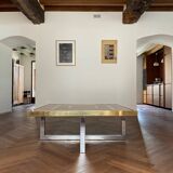 Coffee table in elm burl and brass vintage 1970s