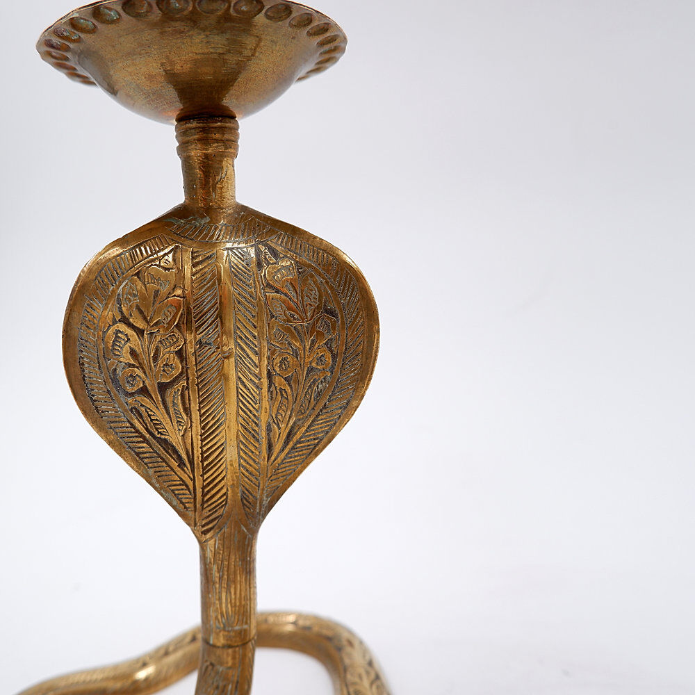 Pair of engraved brass cobra candlesticks - 1960s