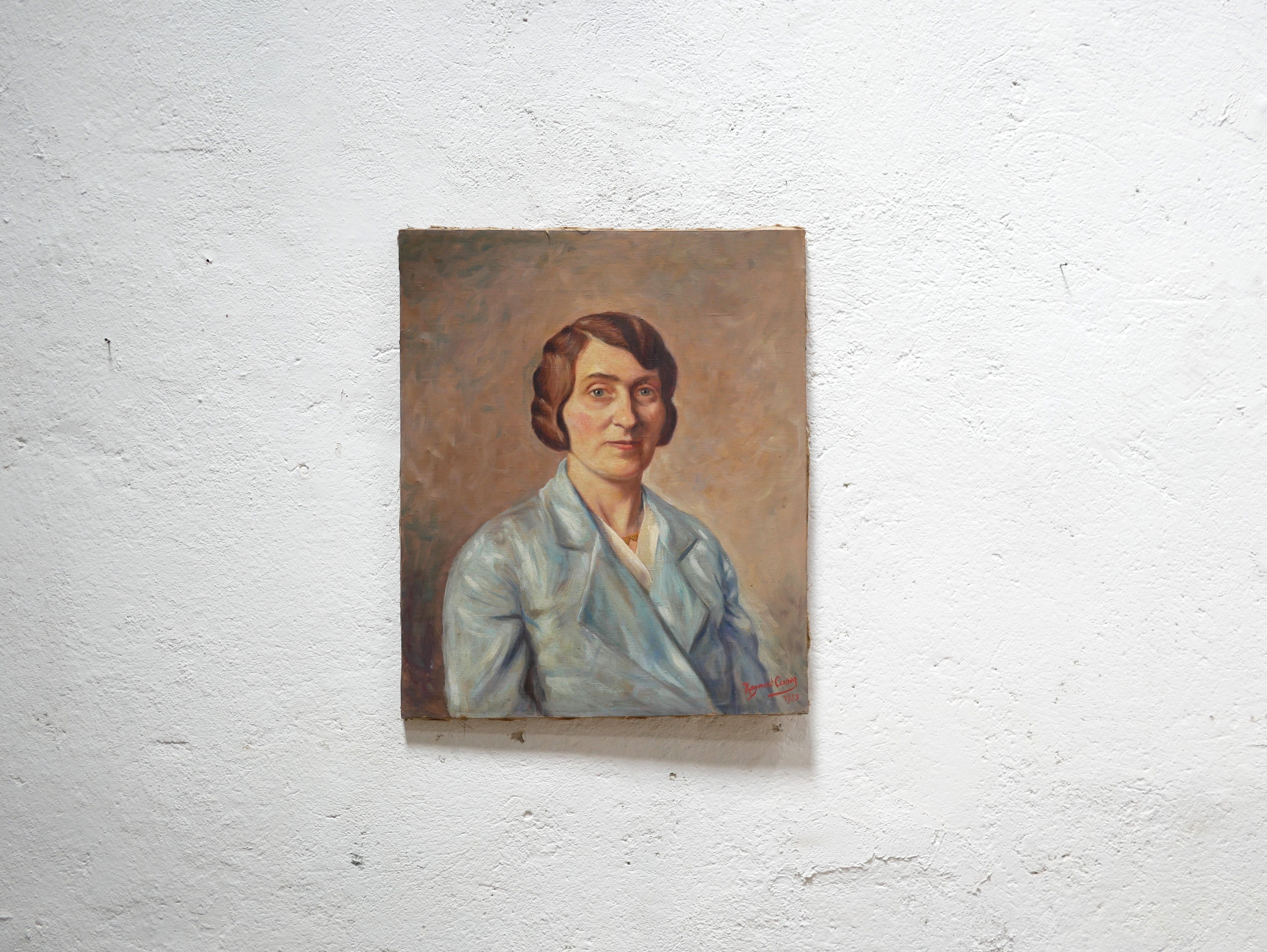 Portrait painting, Painting on old canvas signed Raymond Casez