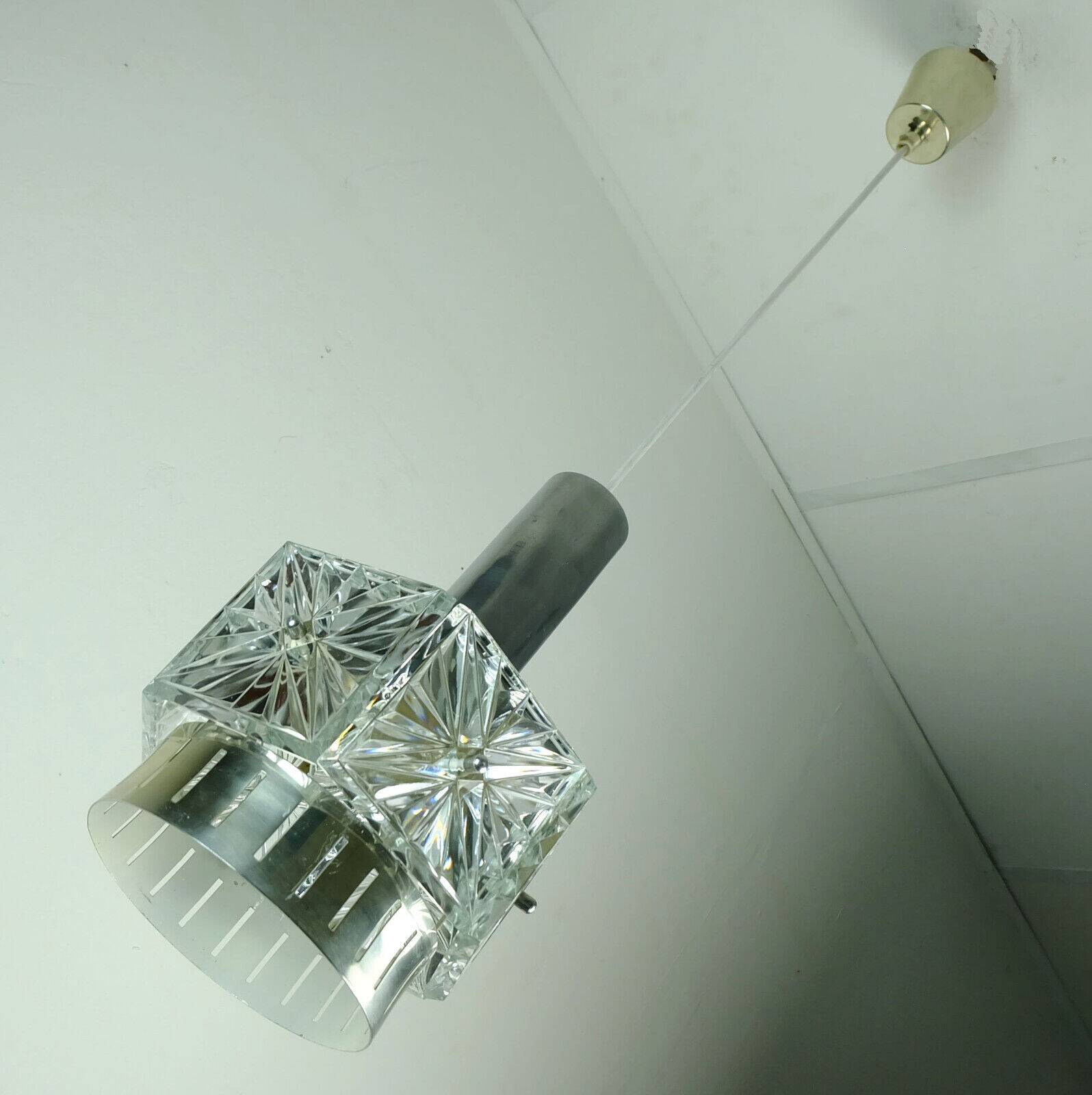 Vintage crystal glass and metal pendant light with 6 glass prisms from the 1960s, 2 available