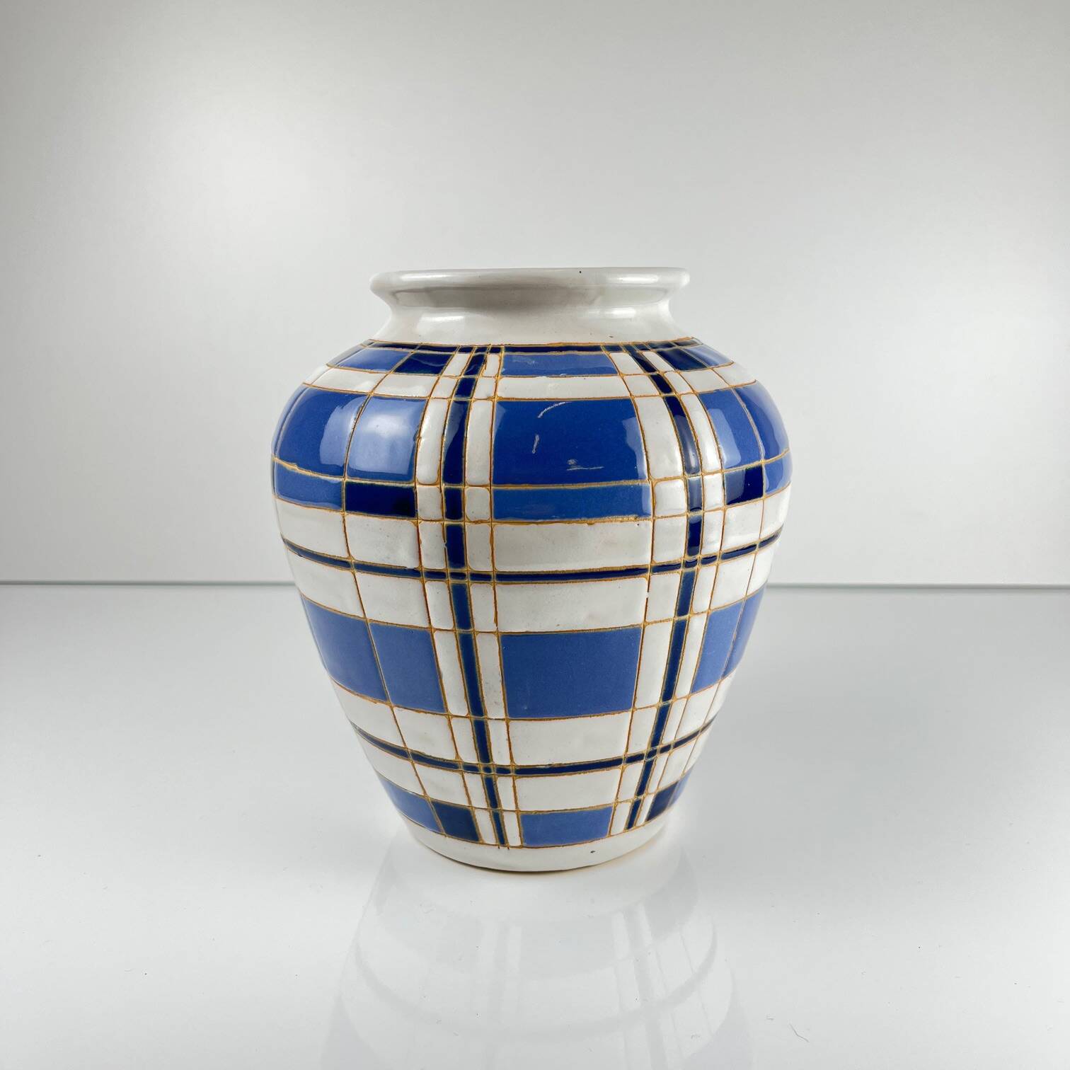Vintage vase from the 50s, glazed earthenware, blue and white geometric decoration