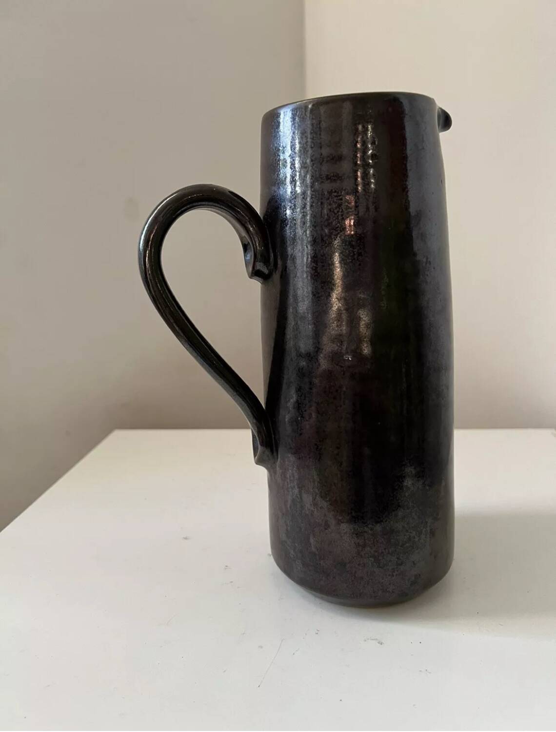 Vintage 1950s black and brown glazed stoneware pitcher/jug