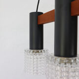 Hanging lamp from teak, steel, and glass