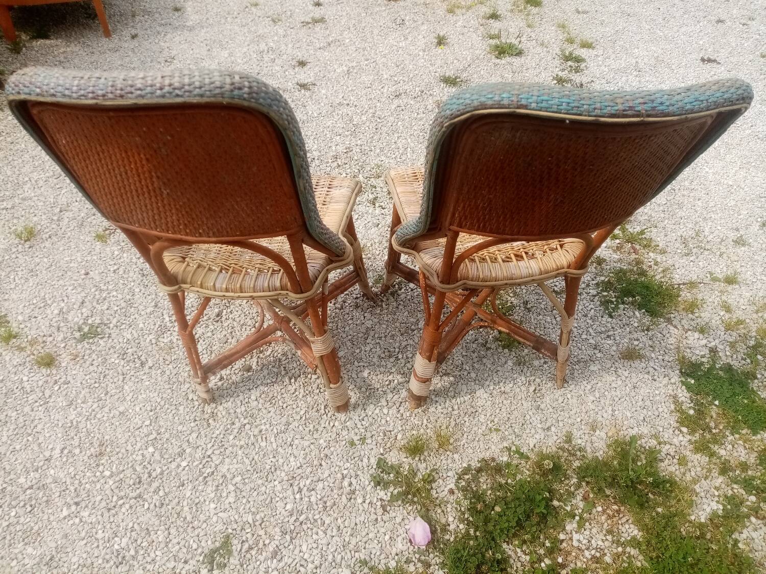 Pair of art deco garden chairs in patinated woven wicker