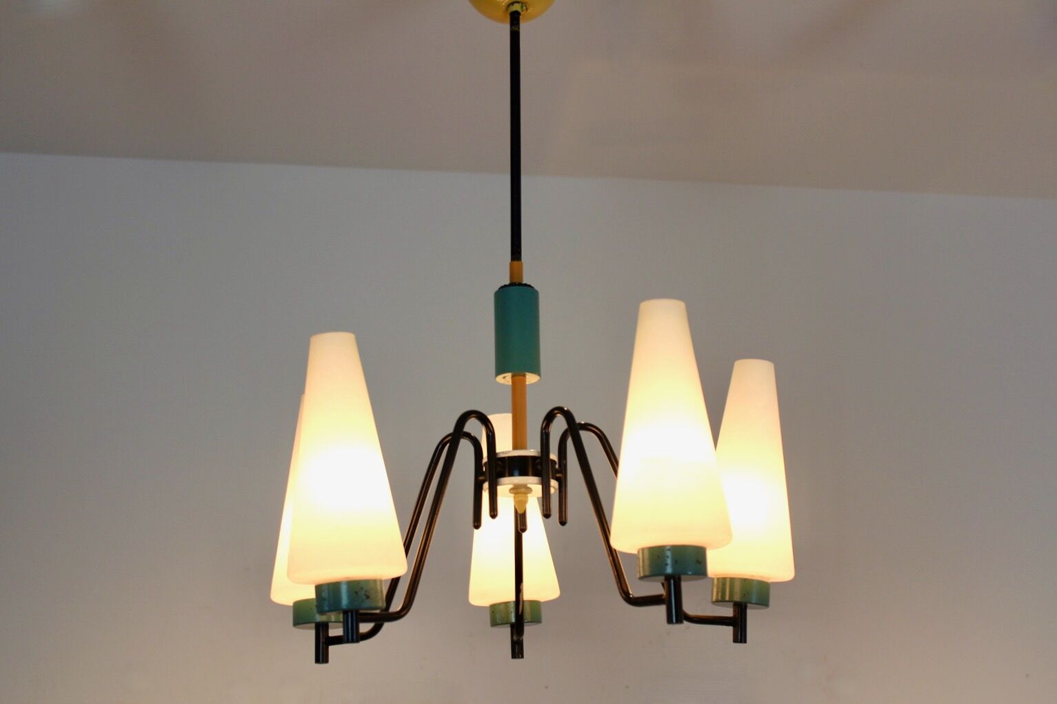 Dutch suspension lamp in wood steel and opaline glass