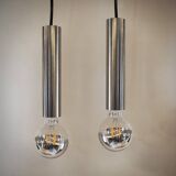 Pair of still tube pendant lights in polished stainless steel, 1970s, new