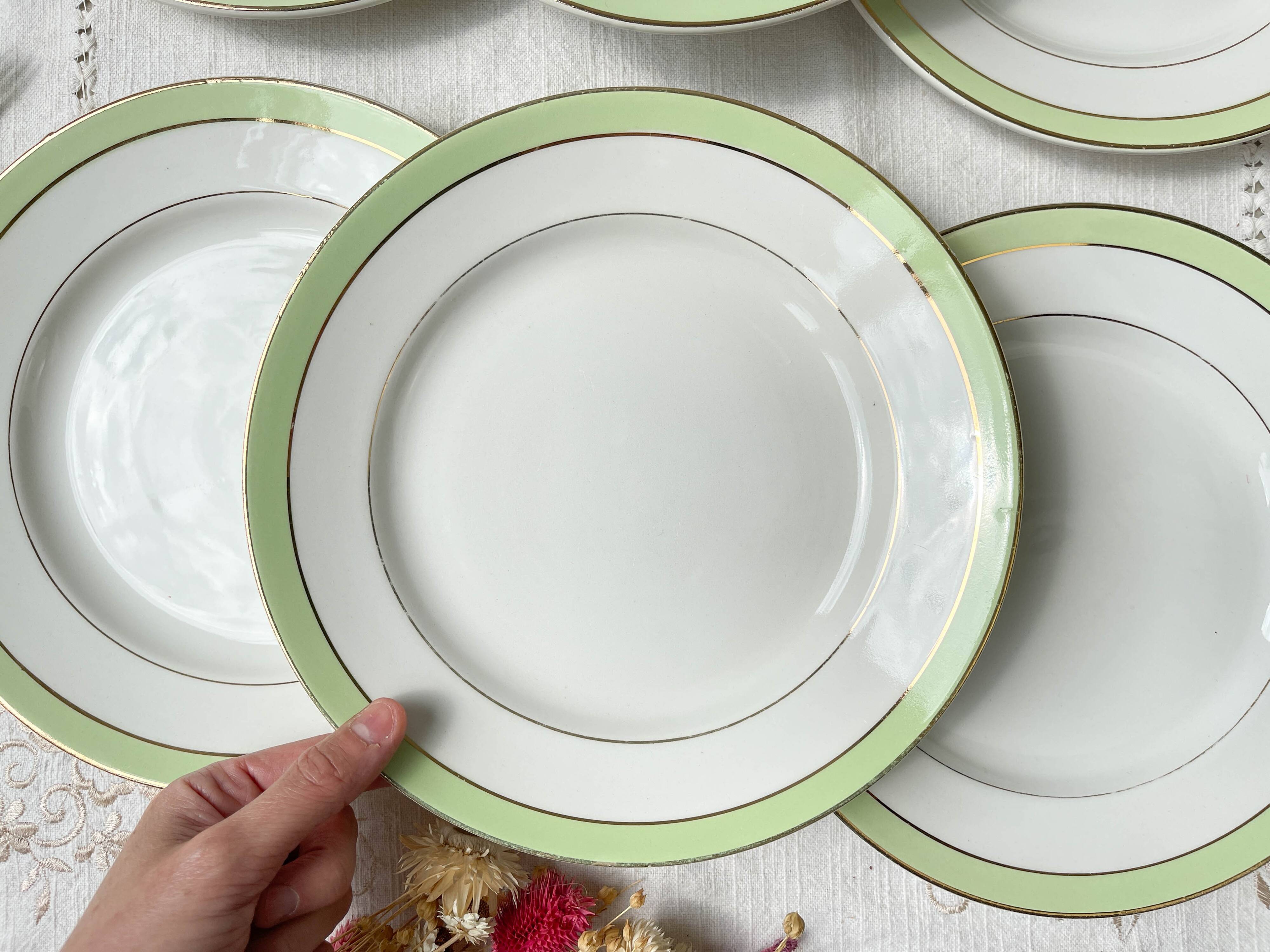 6 Vintage French Orchies "VILLARS" dinner plates 1950 white green gold