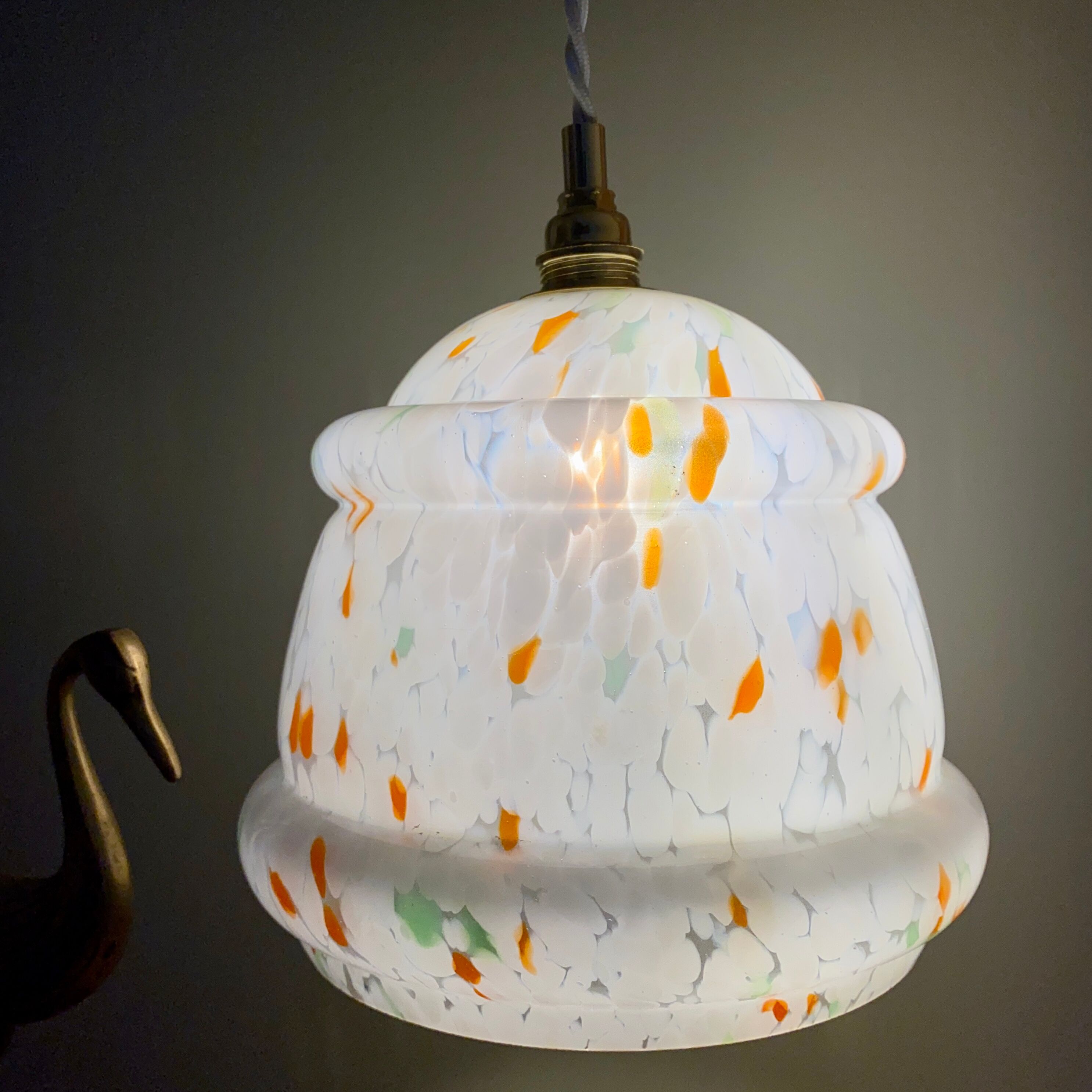 Vintage Clichy glass globe pendant lamp white orange and green