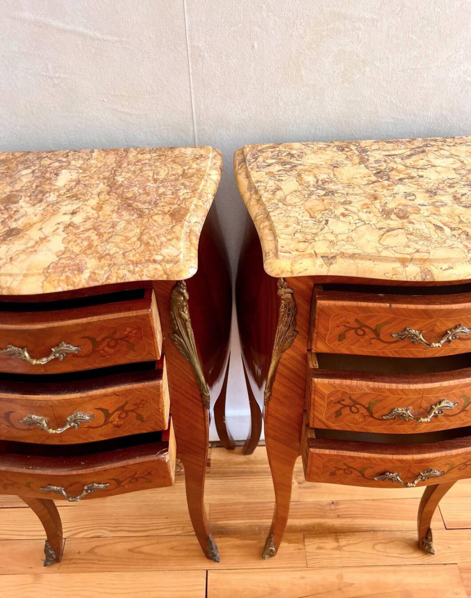 Pair of vintage French bedside tables, set of rosewood nightstands with marquetry.