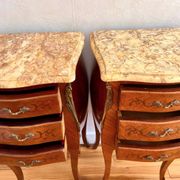 Pair of vintage French bedside tables, set of rosewood nightstands with marquetry.