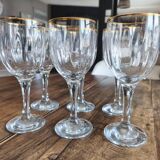 Set of 6 vintage red wine glasses with scrolled drinking rim and gold rim