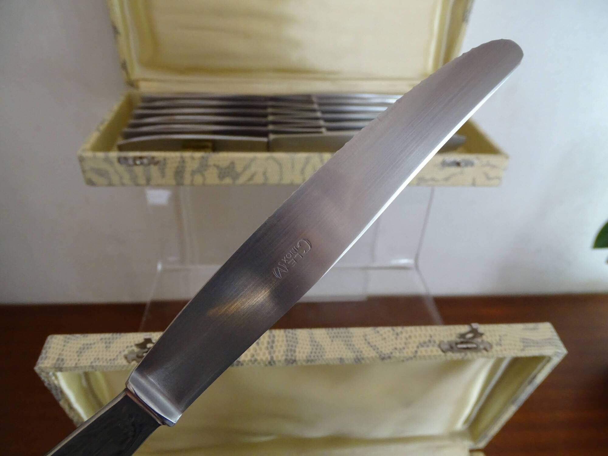 24 Art Deco style stainless steel knives - 12 desserts and 12 cheeses - In boxes