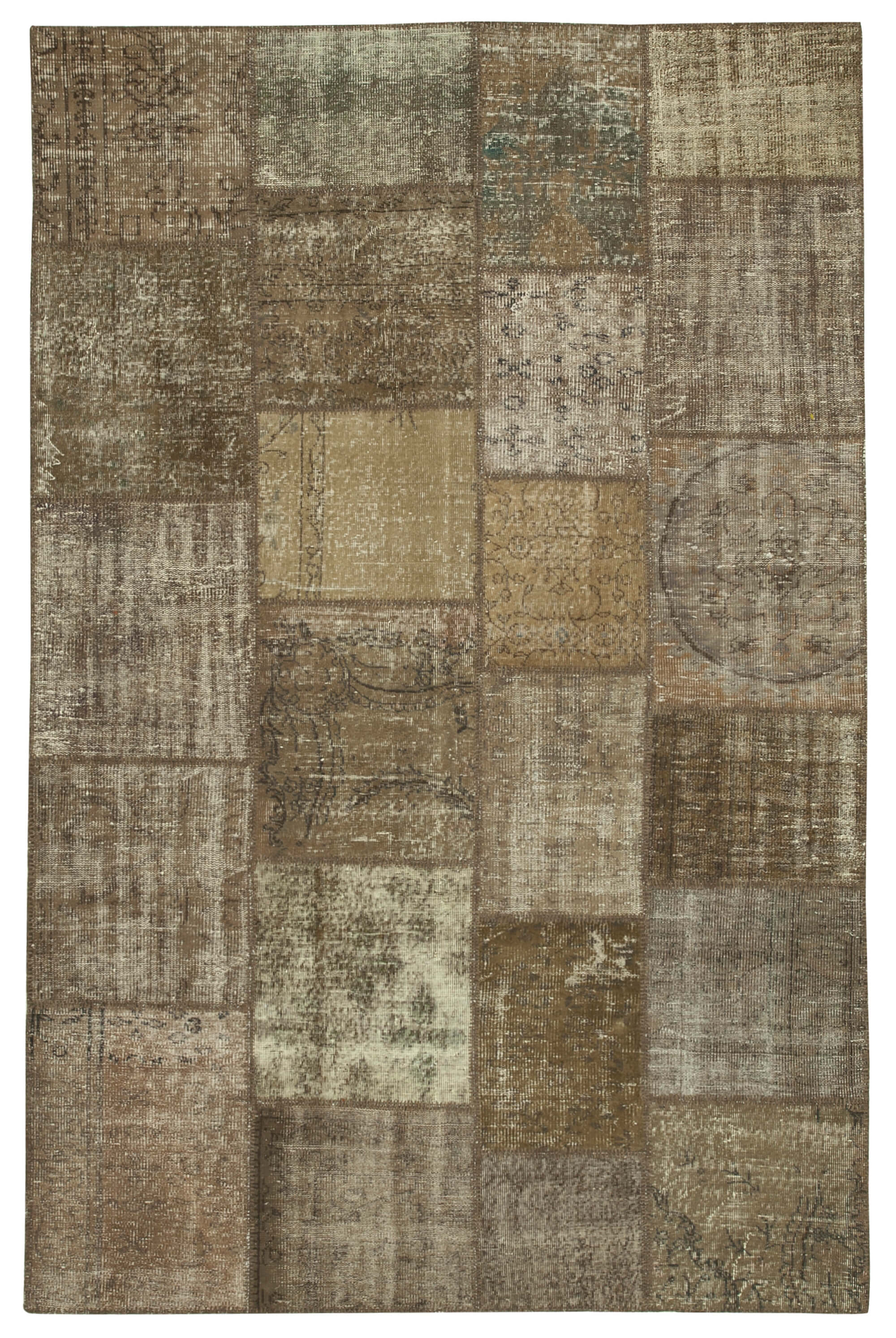 Handwoven oriental overdyed 196 cm x 304 cm brown patchwork carpet