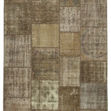 Handwoven oriental overdyed 196 cm x 304 cm brown patchwork carpet