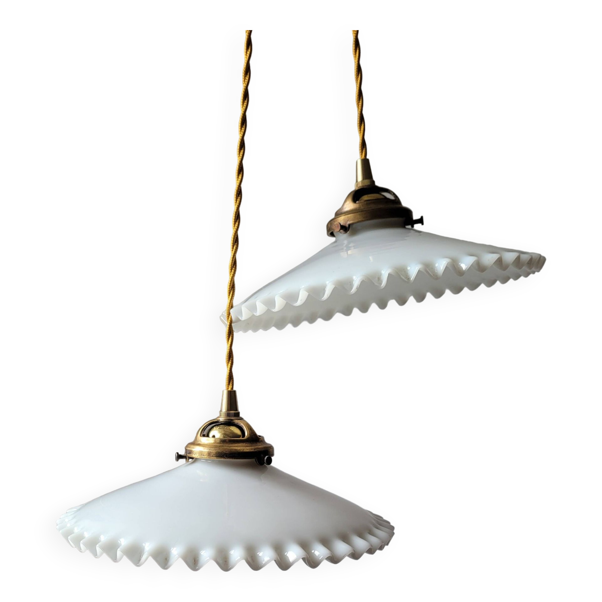 Duo of white opaline pendant lights