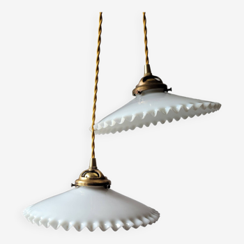 Duo of white opaline pendant lights