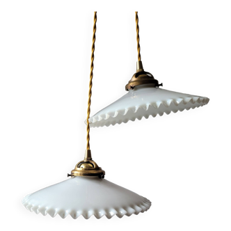 Duo of white opaline pendant lights