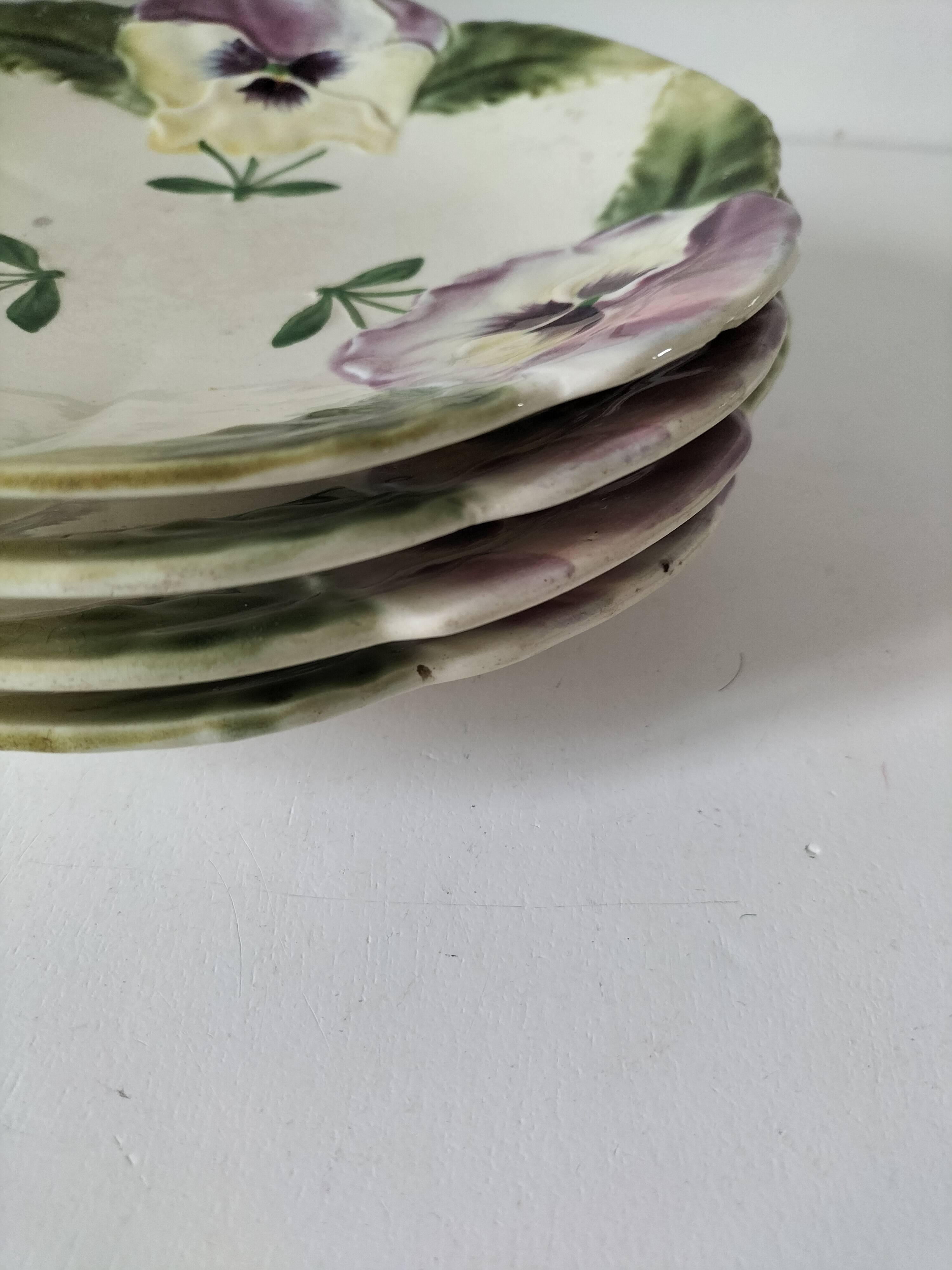 4 barbotine plates with pansies H. Boulenger Choisy-le-Roi