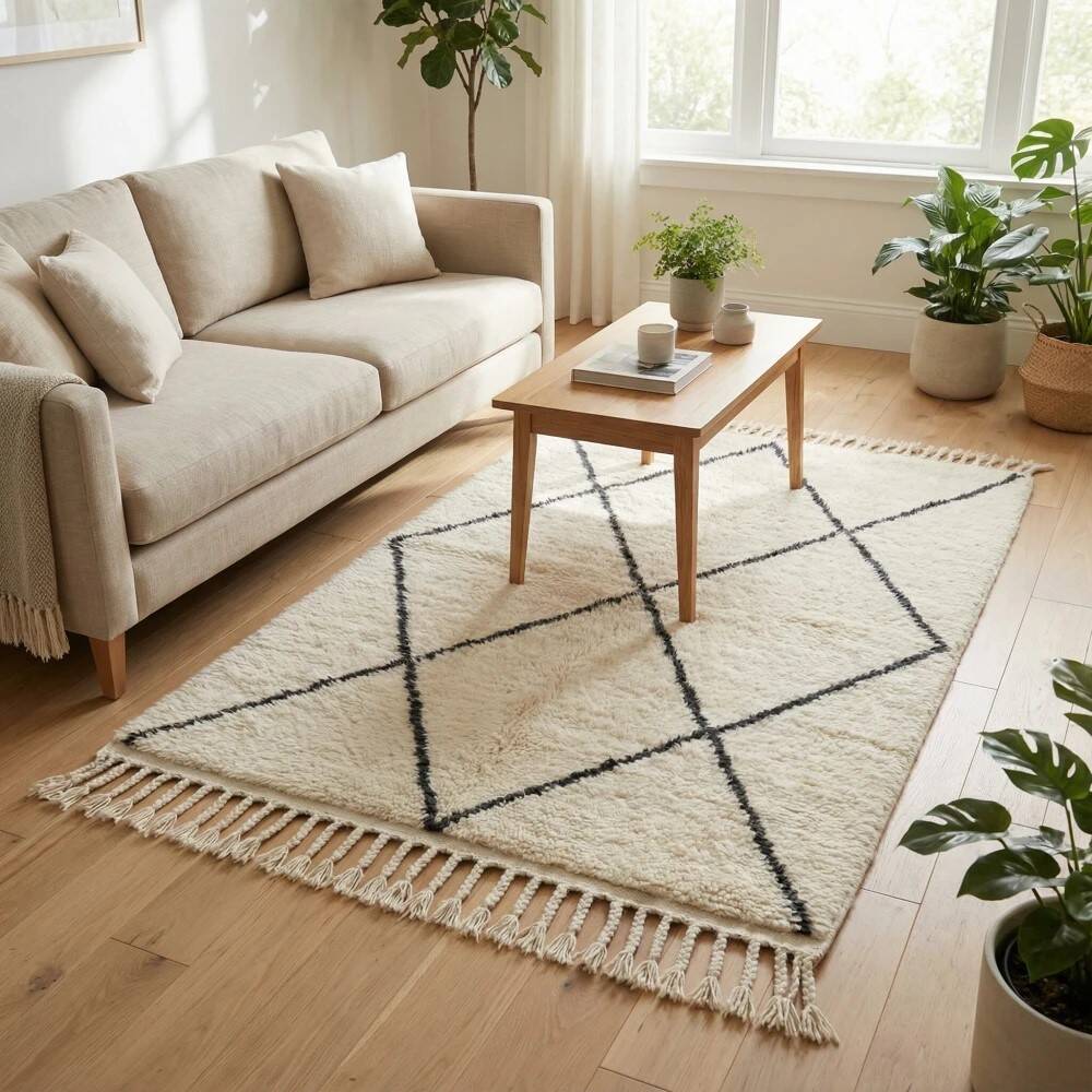 Small Moroccan rug with black diamond patterns