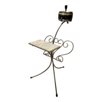 Gold wrought iron ashtray on legs with magazine rack and marbled shelf